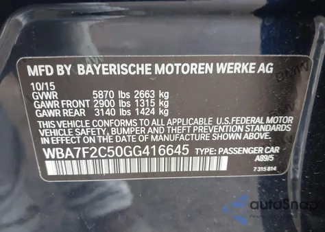 2016 BMW 750I xDrive z USA, uszkodzony, nr VIN WBA7F2C50GG416645